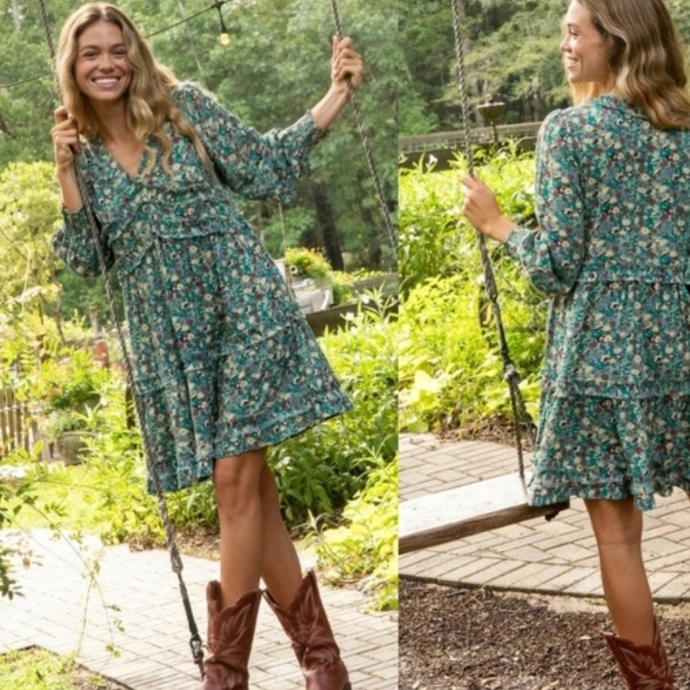 Natural Life Women's L Turquoise‎ Red Mixed Floral Dress Empire LS Ruffle
